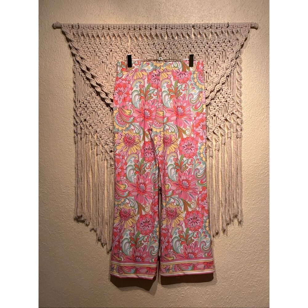 The Boston Proper Wide Leg Resort Palazzo Pants Pink Mod 60s Flowers Summer Size - Picture 3 of 5